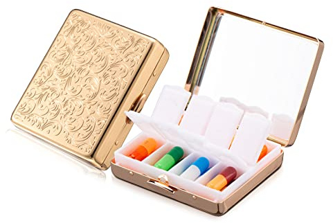 Tragbare Metall-Reisetablettenbox mit Spiegel/8 Fächern (Gold)