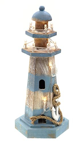 ELLUG Leuchtturm aus Holz in braun-blau mit LED-Lichtern und maritimen Details zum Stellen, Stehdekoration (28 cm)