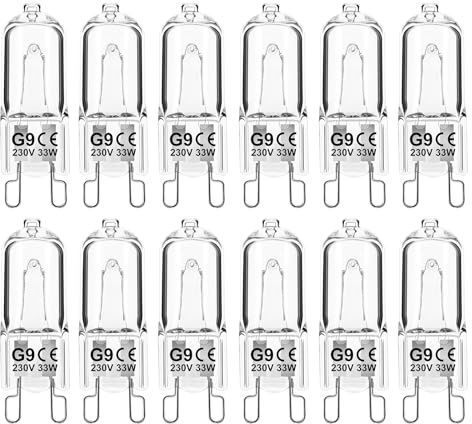 Jaenmsa G9 Halogen Light Bulbs, 12 Pack Clear Capsule Bulb Dimmable 33W 230V Warm White Lamps for Oven Microwave Cooker Ceiling Lights (33W-12P)