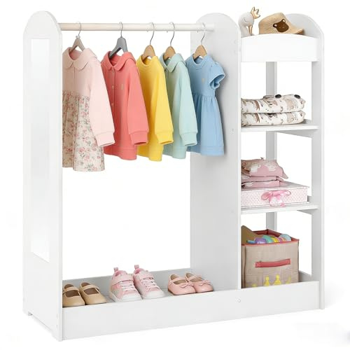 DREAMADE Portant Enfant avec Miroir et Étagère Penderie Fille 2+ Ans en Bois avec Tringle à Vêtements Garde-Robe Tout-Petits Jolie&Robuste&Stable (Blanc)