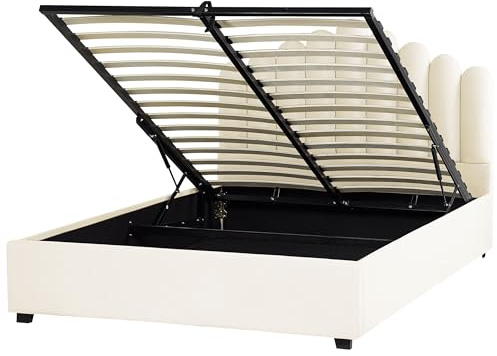Beliani Polsterbett Samtstoff Creme weiß 160x200 cm mit Stauraum muschelförmig Vincennes