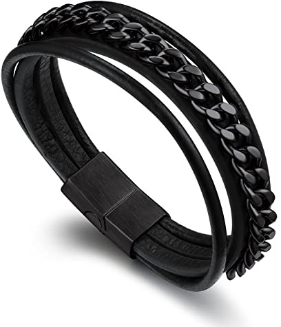 Bandmax Herren Lederarmband Edelstahl Panzerarmband Kubanisches Armband Länge 21 CM Schwarzes Manschettenarmband Panzerkette Armband Paare Schmuck für Vatertag Geburtstag