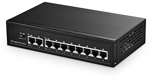 Binardat 10 Port Gigabit POE Switch, 8 POE+ Ports 1000Mbps, 2 Gigabit Uplink, IEEE802.3af/at, 120W Internal Power Supply, Metal Case Unmanaged Plug and Play
