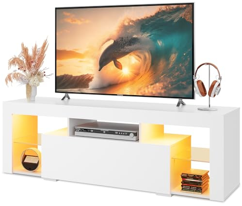 WLIVE LED TV Schrank Weiss, 135 x 35 x 45 cm, Fernsehtisch mit Schubladen für 50 55 60 Zoll Fernseher, 20 Farben RGB Fernsehschrank für Wohnzimmer Schlafzimmer, Moderne TV Bank aus Holz, Weiß