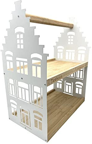 UNUS Home Etagere Teehaus weiß, 2 Etagen mit Griff, für Tee und Kaffee, Tablett aus Bambus Holz, Gestell aus Metall