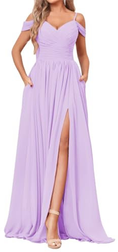 Women's Chiffon Bridesmaid Dresses with Off Shoulder Sweep Train Formal Prom Dresses Lilac UK22