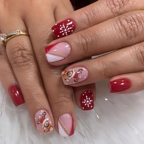 JUSTUSNX 24pcs rouge Noël faux ongles courts faux ongles père Noël, chapeau de Noël, presse sur les ongles pour les femmes et les filles (B)