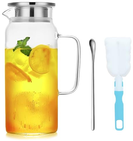 ZIGefofo Jarra Agua Cristal Botella Cristal 2 Litros, Jarra de Borosilicato Resistente al Calor, Botellas de Vidrio Transparente para Bebidas Frías y Calientes/Fría Caliente Té/Café/Jugo/Jarra