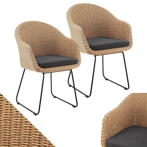 Juskys Ensemble de 4 Fauteuils en Osier Cody avec Coussins - Rotin d'Intérieur et d'Extérieur - Chaise Moderne Pouvant Supporter jusqu'à 100 kg - Style Naturel