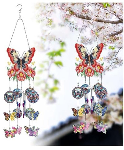 Windspiel mit Diamantmalerei, Sonnenfänger-Kunst-Windspiel-Set, doppelseitig, 5D-Schmetterling und Kolibri, hängende Ornament für Erwachsene, Kinder, Haus, Garten, DIY Kristall-Windspiel, Anhänger-Set