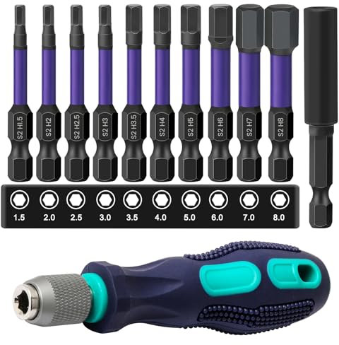 12pcs 50mm Hex Allen Key Bit Set, S2 Steel Metric Hex Head Allen Wrench Drill, 1.5MM-8MM 1/4 Hexagon Shank Magnetic Inner Hexagon Screwdriver Bit with Magnetic Bits Holder&120MM Handle Screwdriver