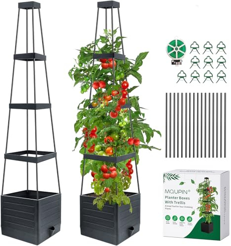 MQUPIN 2PCS Tomatoes Planter Boxes Raised Garden Bed with Trellis for Climbing Vegetables Plants, Self-Watering Planter Boxes Outdoor Adjustable Vine Support