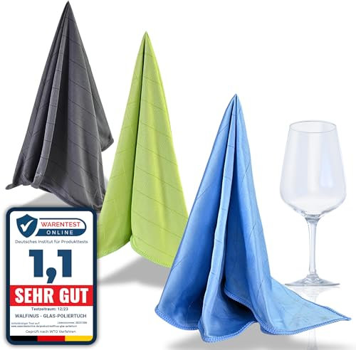 Walfinus Premium 3er-Set Mikrofaser Gläserpoliertuch fusselfreies, streifenfreies, kratzerfreie Microfaser Glaspoliertuch für Spiegel und Hochglanzoberflächen ca 50-60cm waschbar-95 Grad Poliertücher