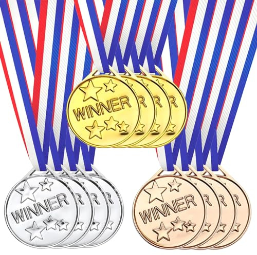 MODEQQ 12 Pièces Set Medaille 4 cm avec Rubans, Médailles d'or en Plastique pour Decoration Jeux Olypiqus (B)