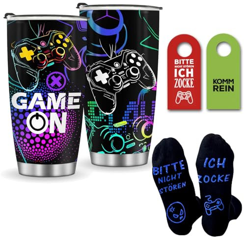 3 Stück Jugendweihe Geschenke Junge Mädchen Gaming Zubehör, Thermobecher Gaming Socken Zocker Türhänger BITTE NICHT STÖREN ICH ZOCKE, Gaming Sachen Coole Geschenke für Teenager Jungs Mädchen