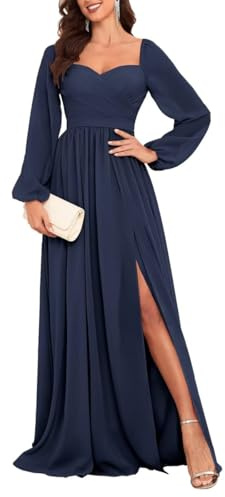 HPPEE Robes de demoiselle d'honneur à manches longues pour femmes, en mousseline plissé, de style A, robe formelle avec fente pour mariage, bleu marine, 46