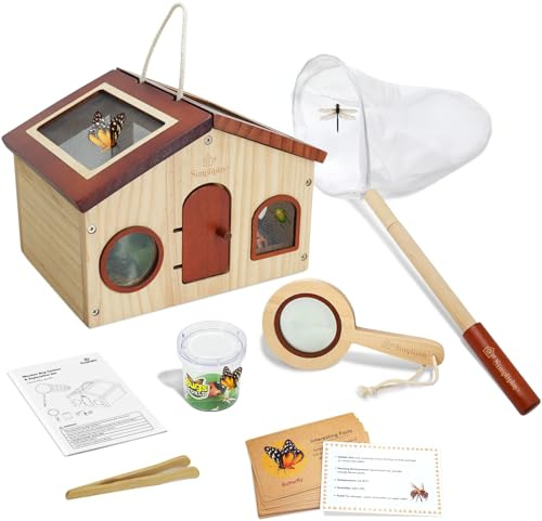 SimpliPlay Kinder Entdecker-Set & Insektenfänger Outdoor-Spielzeug | Mobiler Holz-Insektenbeobachter mit Netz, Lupe, Beobachtungsbecher & 15 Insektenkarten für Kinder ab 3 Jahren