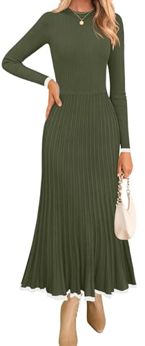 ZESICA Women's Long Sleeve Sweater Dress Fall 2026 Crewneck Ribbed Knit Pleated A-Line Maxi Wedding Guest Dresses,Army Green,X-Large