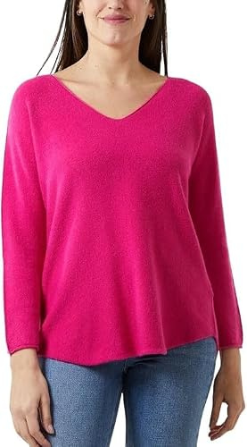 STAR FASHION Jersey de punto suave con cuello en V para mujer, con borde sin rematar, suéter de punto de manga larga para invierno, fucsia, 8-16