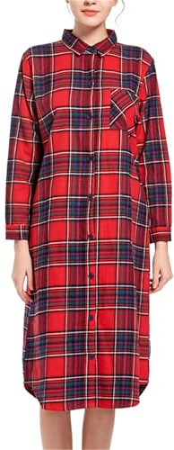 Dreamskull Chemise de nuit pour femme - Manches longues - Coton - Longue - Hiver - Chaud - À carreaux - Avec col boutonné - Poche - Vêtement de nuit - Chemise de sommeil - Pyjama - Robes pour dormir