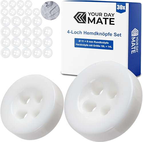 Knöpfe Set, für Hemden und Blusen, 30 Stück, 4-Loch, Ø 11 + 8 mm, in Weiss, aus Kunstharz, Größe 18L + 14L, Harzknöpfe für Jacke, Mantel, Hemd, Bluse, Poloshirt, DIY Knopf Polyester, Wäscheknöpfe