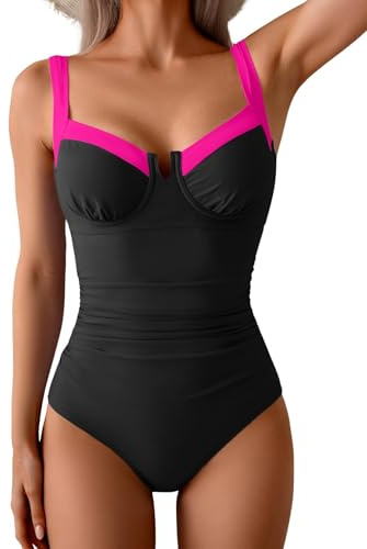 B2prity Women's Underwire One Piece Swimsuits Tummy Control Bathing Suits Push Up Swim Suit Color Block Swimwear