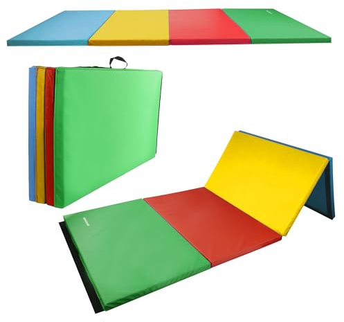 Fitvids Gymnastics Mats for Tumbling, 4'x8'x2 Folding Exercise Gym Mat with Carrying Handles High-Density Anti-Tear Martial Arts Fitness Aerobics Mat for Home Gym Yoga Pilates MMA Core Training, Multi-Color