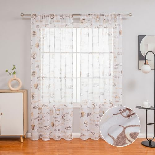 Lukery Transparent Vorhänge Wohnzimmer 2er Set, Kaffee-Muster Lang Halbtransparent Gardinen Vorhänge Durchsichtig für Fenster Küche Wohnzimmer Landhaus (100x200cm,Kaffee)