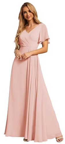 Ever-Pretty Robe de Soirée Femme Longue Mousseline Col V Fendu Manches Courtes ESS0050