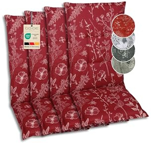 GO-DE Textil Bequeme und attraktive Polsterauflagen für Hochlehner-Gartenstühle (4er-Set, Blumen und Stengel rot, Hochlehner)