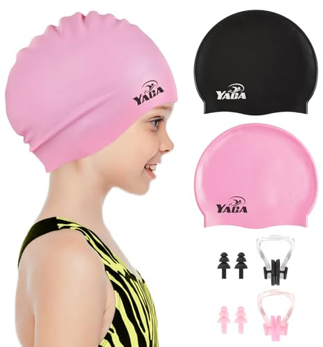 Swim Cap Kids for Long Hair, 2 Pack Silicone Swimming Cap for Boys Girls Aged 3-15, Durable Kids Swim Cap Short Hair, Fit Waterproof Swim Caps for Kids Toddler, with Ear Plugs & Nose Clip