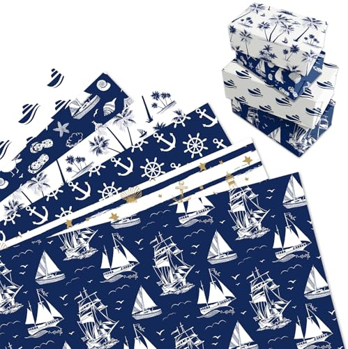 MORAINJAY 12 Blatt Nautisches Geschenkpapier, Anker Schiffe, Maritimes Geschenkpapier Für Geburtstag, Vatertag, Männer, Babyparty, Segeln, Dekorationen, 68 X 50 Cm