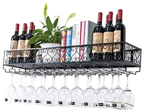 Estante de metal vintage montado en la pared con soporte flotante para copas de vino y estantes para botellas de vino, elegante soporte para copas de vino, estante de almacenamiento en color negro