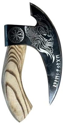 Cortador de pizza vikingo, mango de madera, diseño de hacha con diseño de calavera, negro y natural
