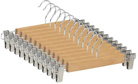 Perchas de Madera Natural 24 Unidades con Pinzas Ajustables para Faldas Pantalones Shorts Vaqueros, Antideslizantes y Gancho Giratorio 360°