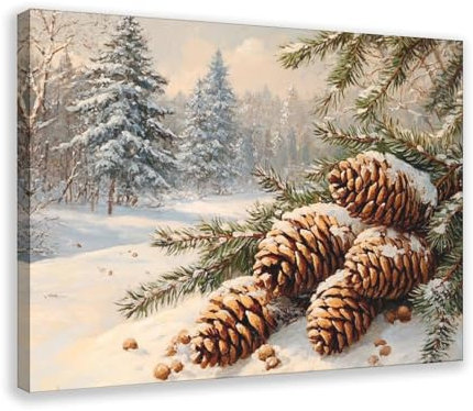 FDBEKPJY Retro-Tannenzapfen, Winterlandschaft, Kunst-Poster, Leinwand-Poster, Wandkunst, Dekordruck, Bild, Gemälde für Wohnzimmer, Schlafzimmer, Dekoration, 30 x 45 cm