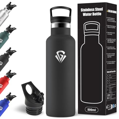 Motswedi Gourde Isotherme, 500 ml Sans BPA, 2 Bouchons Dont 1 Avec Paille, 304 Acier Inoxydable, Convient pour le chaud et le froid, pour École, Yoga, Escalade En Montagne - Noir