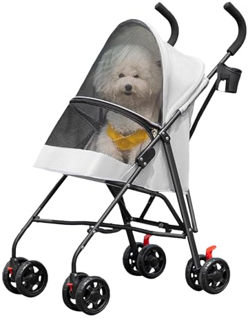Passeggino per cani, con cesto di stoccaggio, 4 ruote, passeggino per cani e gatti, pieghevole, leggero e pratico, facile da trasportare, 97 x 45 x 55 cm, grigio