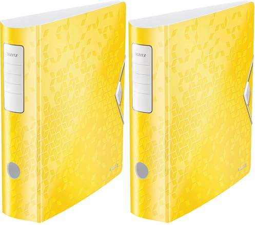 Leitz Qualitäts-Ordner 180° Active WOW, A4, Breit, Abgerundeter Rücken, 8,2 cm breit, Gummibandverschluss, Leichtes Polyfoam, Plastik-Ordner, WOW Serie, Gelb, 11060016 (Packung mit 2)