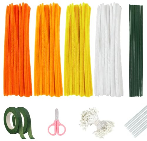 Fairblo 400 Stück Pfeifenreiniger Blumen Set Orange Serie in 4 Farben Pfeifenputzer zum Basteln Blumen Set Pfeifenreiniger Gelb Pipe Cleaner mit Grüne Blumendraht für DIY Blumenstrauß, Sonnenblumen