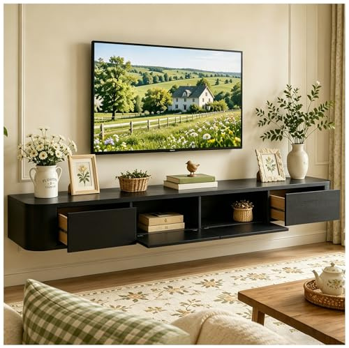 JUNFUNNLE Schwebende TV Schrank 240cm Schwarz, TV Lowboard Hängend mit 2 Schubladen & 2 Klappen Türen, TV Board Hängend mit Kabelmanagement, Hänge Sideboard für Wohnzimmer und Esszimmer