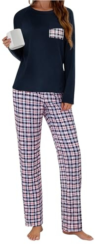 Uniexcosm Pigiama A Quadri Donna Lungo Pigiama Donna Cotone Invernale Girocollo NBR S