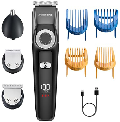 Barberboss Recortadora de barba y cabello 3 en 1 para hombre, kit de cuidado personal inalámbrico con recortador de nariz y orejas, dial ajustable, cuchillas de cerámica, resistente al agua