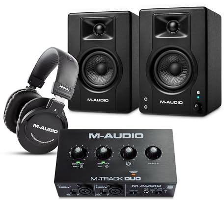 M-AUDIO BX3 Pair Bluetooth Studio Monitors Bundle with Dual XLR Audio Interface and Headphones for Studio Recording, Music Production, Podcasting, Streaming