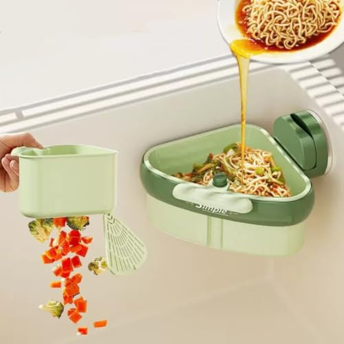 Sink Strainer Basket, Hanging Kitchen Sink Strainer Basket with Press Dumping & Self-Cleaning Design, Corner Sink Trash Catcher for Food Waste, Sink Protectors for Kitchen Sink (Triangle - Green)