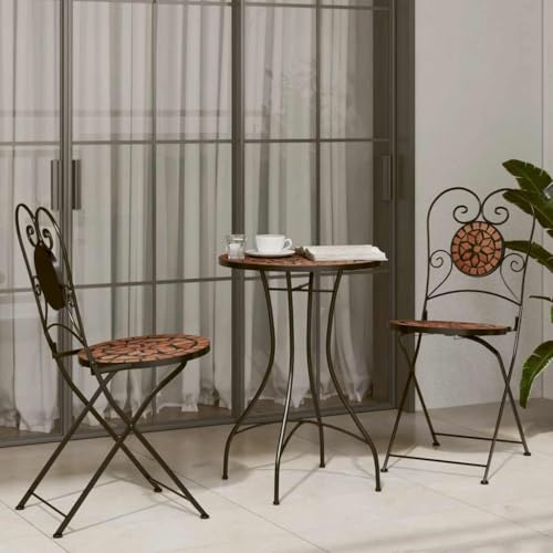 Teenpull Set bistro mosaico in terracotta, 3 pezzi, ferro e ceramica, sedie pieghevoli, per giardino, balcone, patio, esterno