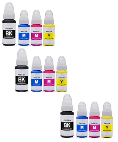 BritBolt Kompatible Nachfüllfarbstofftinte Bk C m y für nachfüllbare Tintenstrahldrucker Modelle G1800 G2800 G3800 G1000 G2000 G3000 G1100 G2100 G3100 G1900 QY6-8004(12pcs 3set)