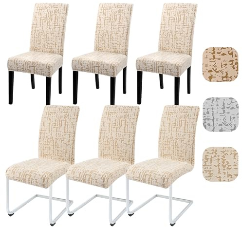 Alishomtll Chair Covers Set of 6 Stretch Jacquard Seat Covers for Dining Chairs Elastic Removable Chair Slipcovers Reusable Washable Chair Protector for Dining Room Hotel Banquet (Beige, 6 pcs)