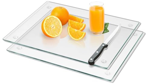 2 Pack Tempered Glass Cutting Boards Set - 40x30cm with Non-Slip Rubber Feet | Shatter & Heat Resistant, Hygienic Glass Chopping Boards for Kitchen Countertops & Dining Tables