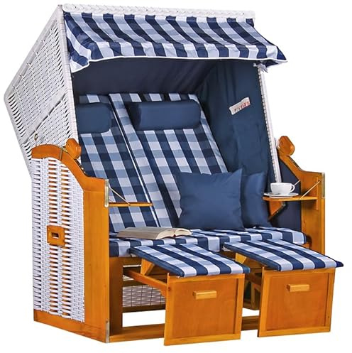 MR. DEKO Strandkorb Ostsee 2-Sitzer | Volllieger -Strandkorb 165° | Komplettset inkl. Abdeckhaube und Doppellenkrollen | UV-Beständig | Wacholder-Holz | Windschutzfolie 120x80x160 cm